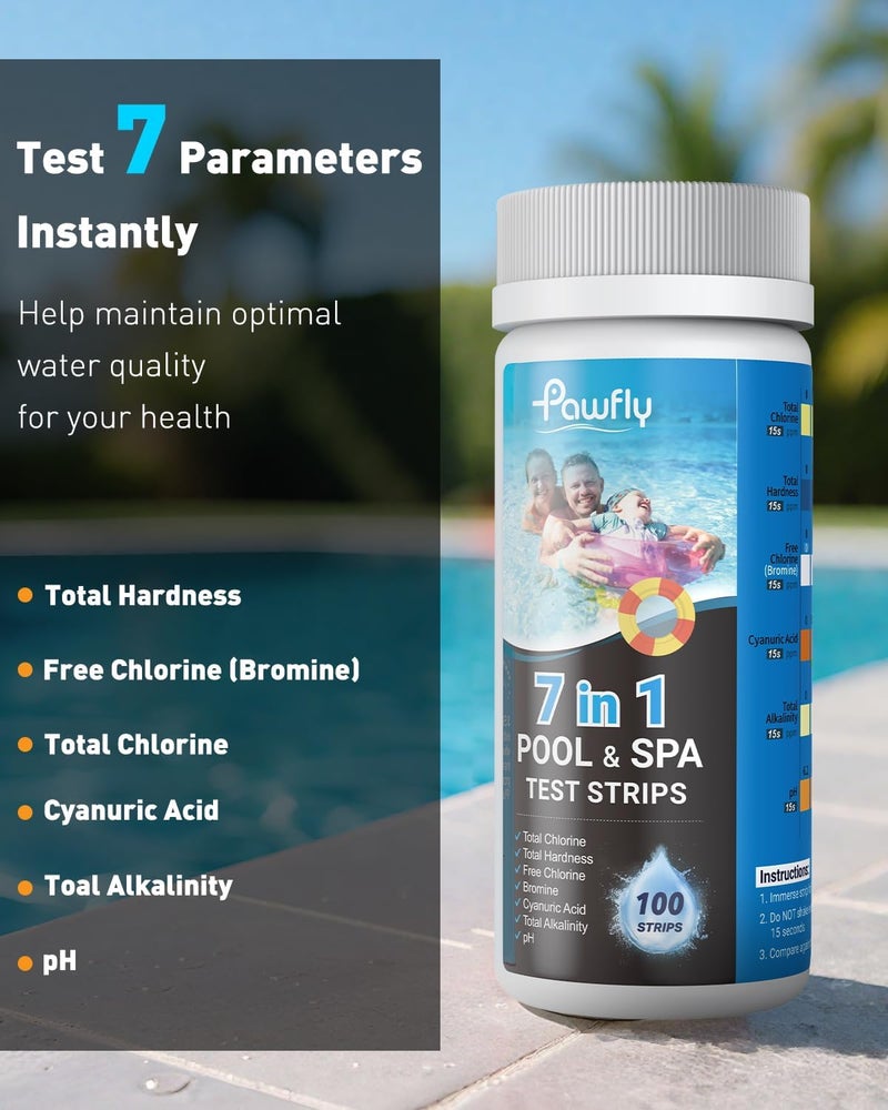Pawfly 100 Pcs Pool Test Strips 7 in 1 Digital Water Testing Kit, Spa & Hot Tub Test Strips for pH, Total Hardness, Total Chlorine, Free Chlorine, Total Alkalinity, Cyanuric Acid & Bromine - Image 2